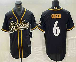 Mens Pittsburgh Steelers #6 Patrick Queen Black With Patch Cool Base Stitched Baseball Jersey->->NFL Jersey